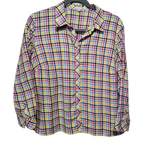 Talbots Women's Sz 3X Rainbow Plaid Button Up Shirt Cotton Colorful